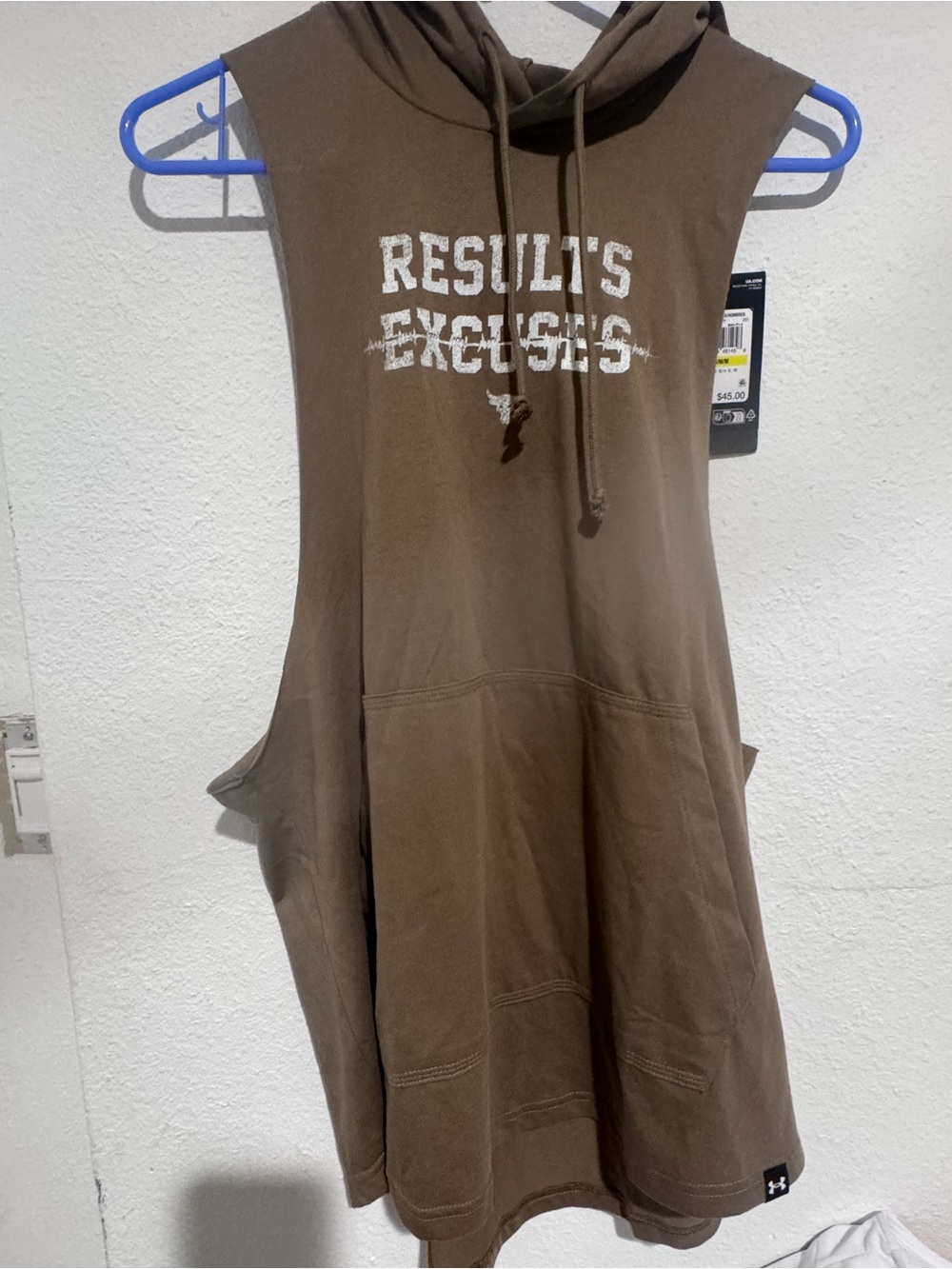Under Armour Brown Sleeveless Hooded Tank with RESULTS NOT EXCUSES Graphic